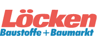 Das Logo von Löcken Baustoffe und Baumarkt zeigt den Namen in roten Buchstaben über einem blauen Hintergrund.